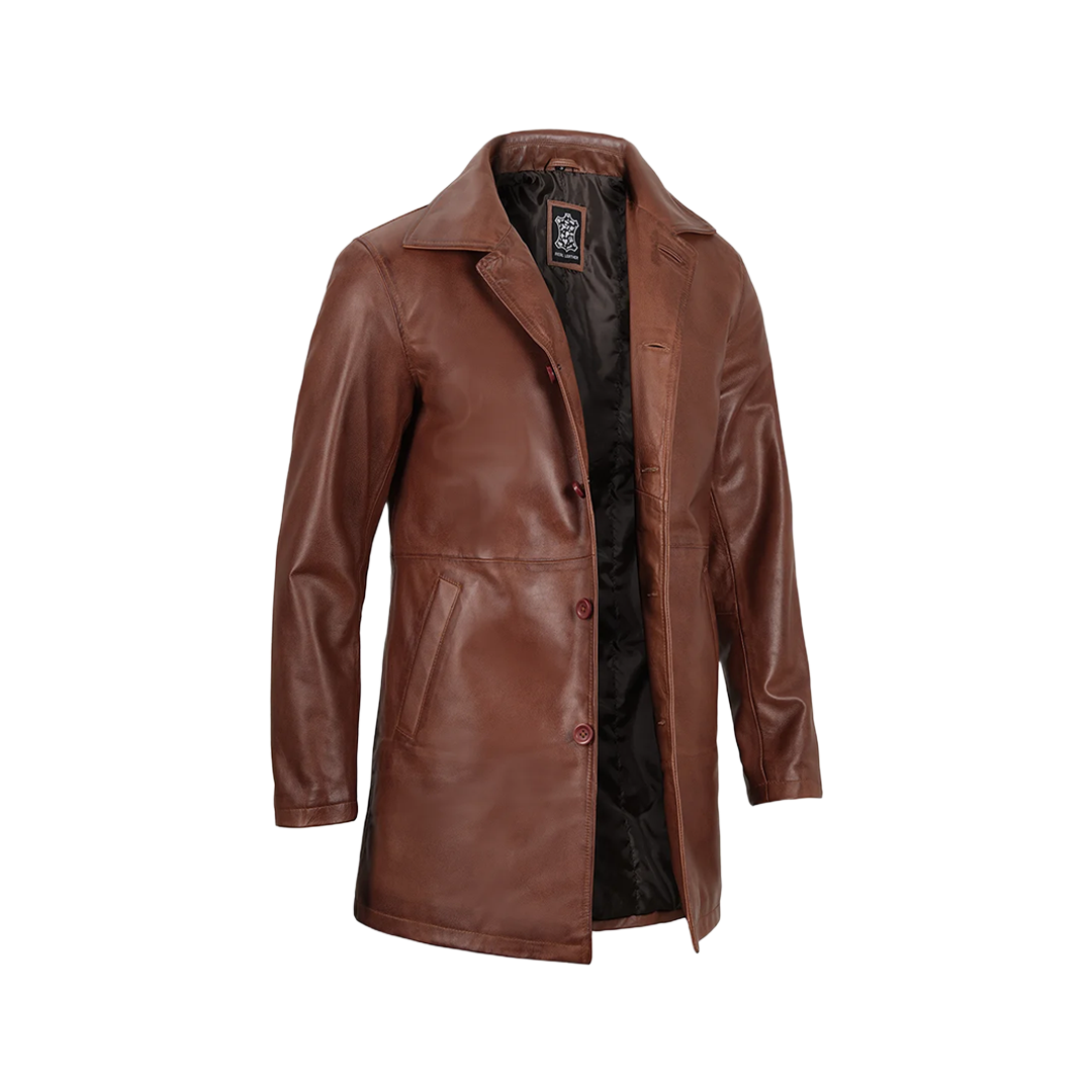 Tan Men's Distressed 3/4 Length Leather Car Coat