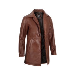 Tan Men's Distressed 3/4 Length Leather Car Coat