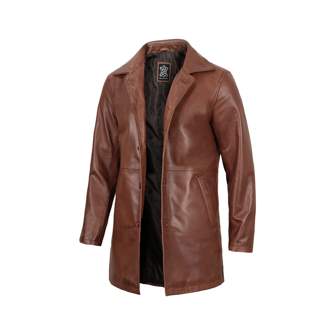 Tan Men's Distressed 3/4 Length Leather Car Coat