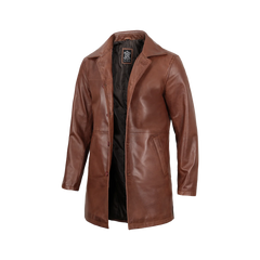 Tan Men's Distressed 3/4 Length Leather Car Coat