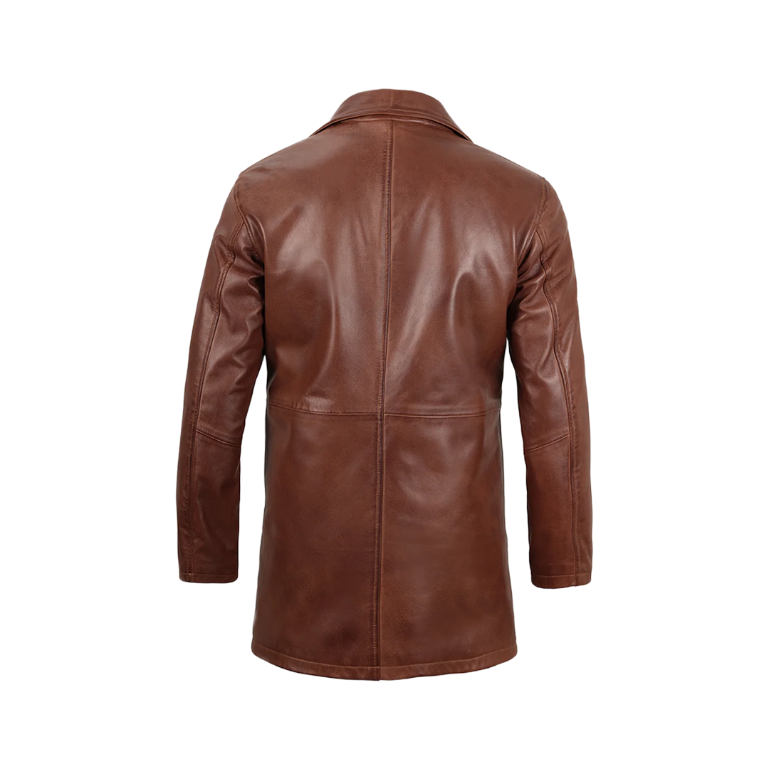 Tan Men's Distressed 3/4 Length Leather Car Coat