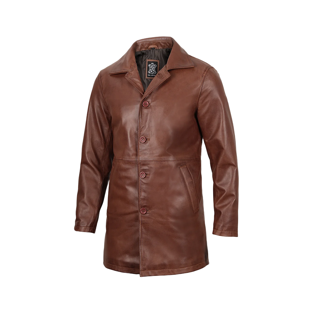 Tan Men's Distressed 3/4 Length Leather Car Coat