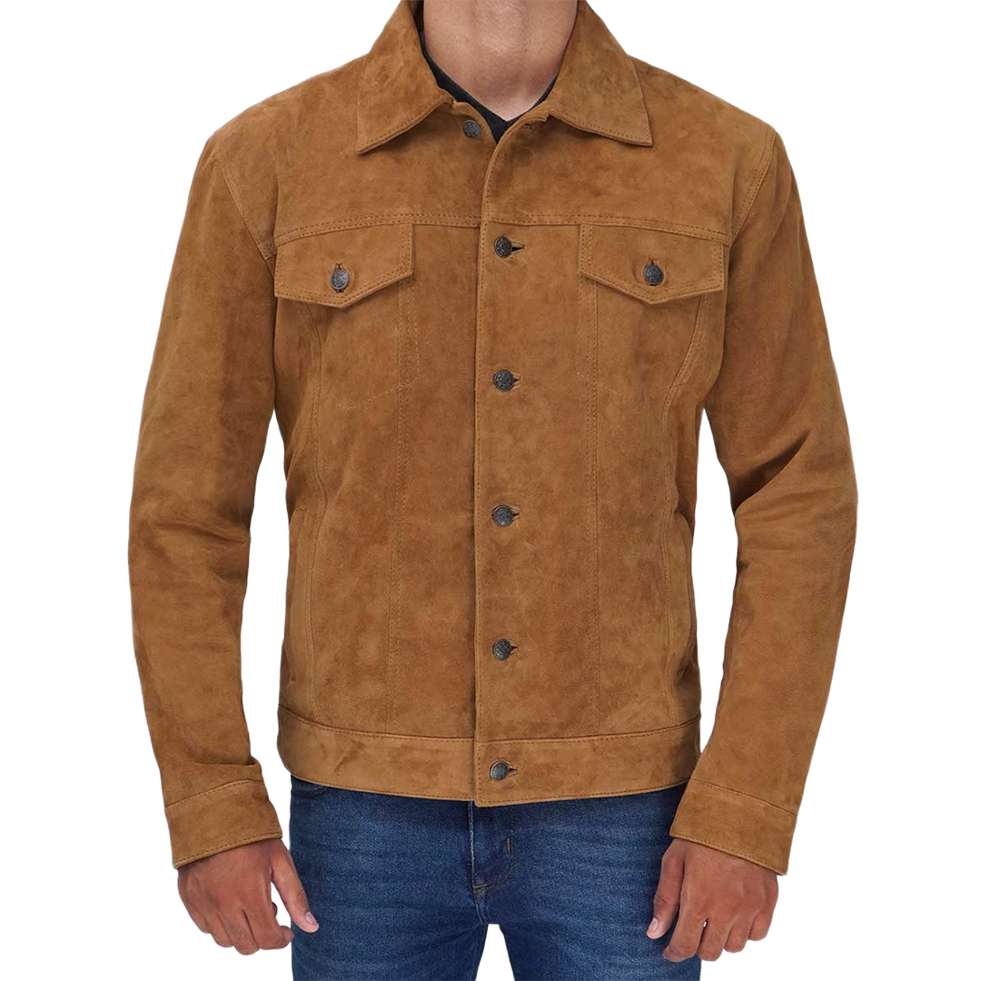 Tan Men's Trucker Suede Jacket