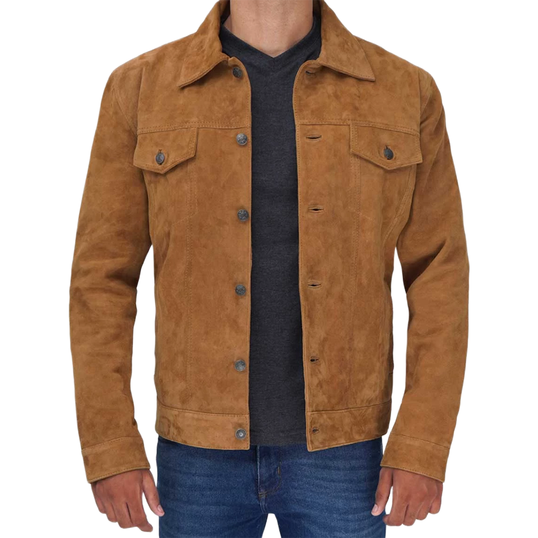 Tan Men's Trucker Suede Jacket