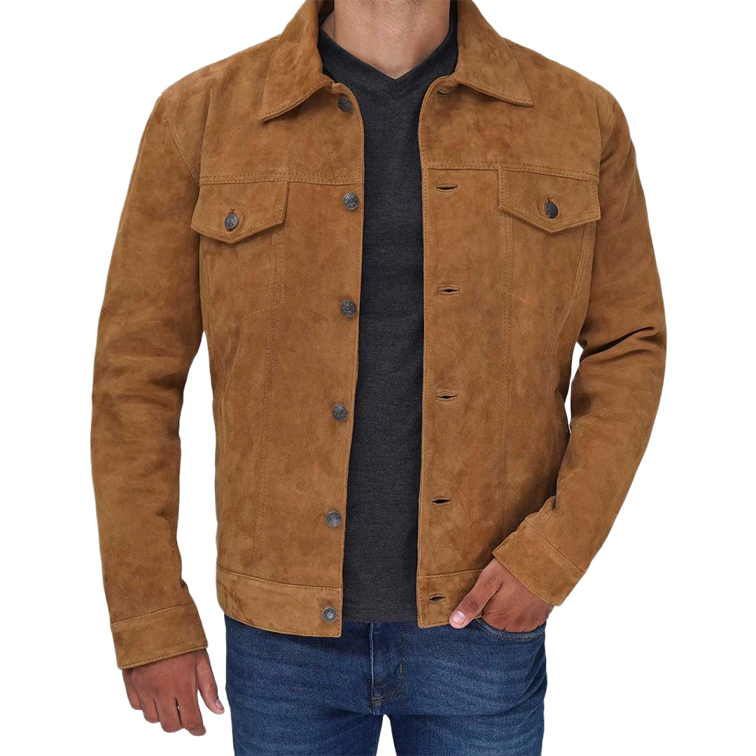 Tan Men's Trucker Suede Jacket