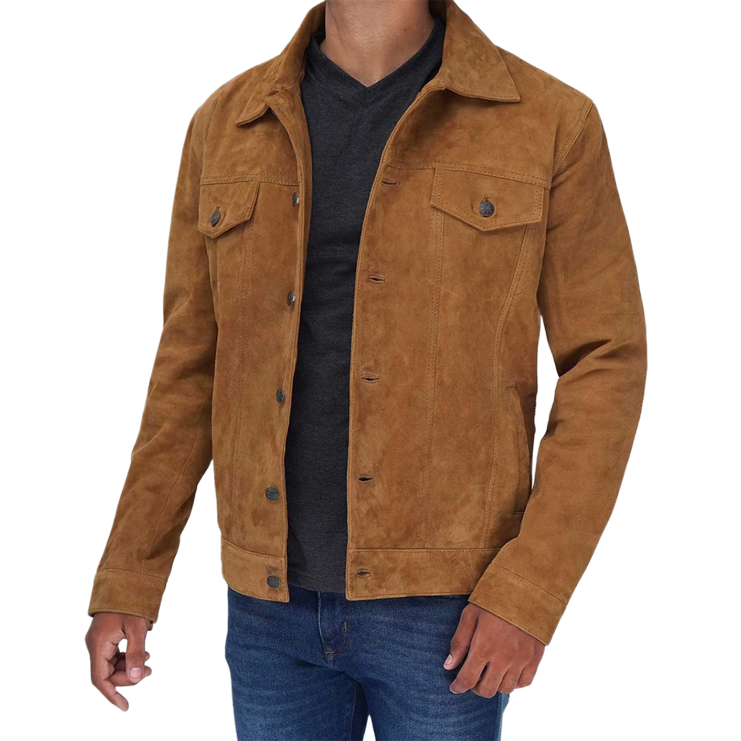 Tan Men's Trucker Suede Jacket