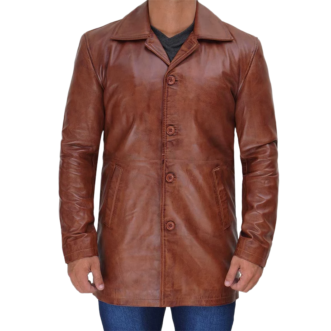 Tan Tall Men's Distressed Leather Car Coat