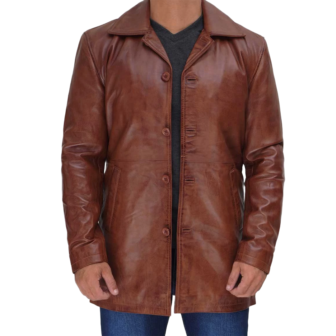 Tan Tall Men's Distressed Leather Car Coat