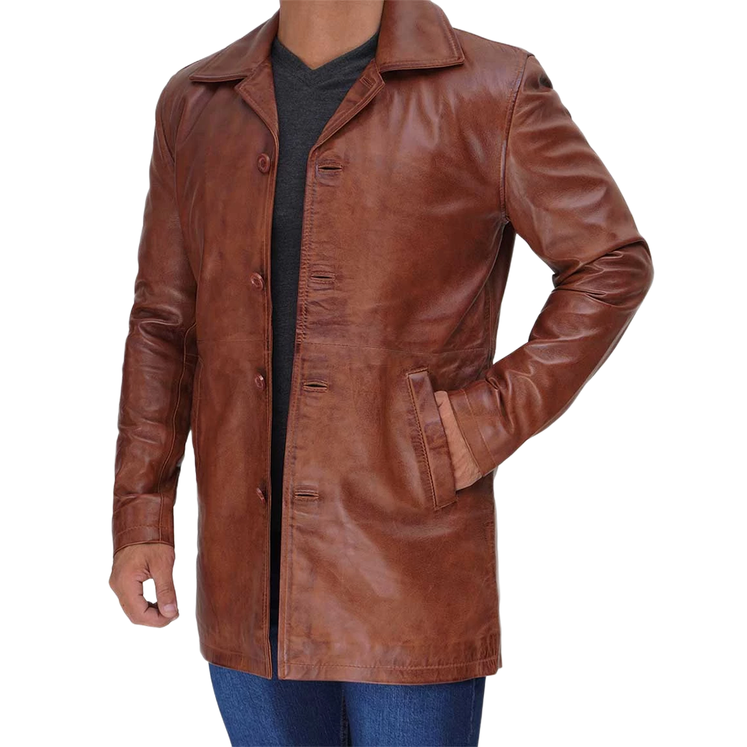 Tan Tall Men's Distressed Leather Car Coat