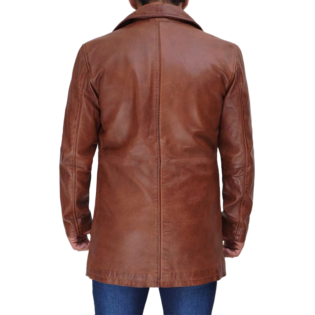 Tan Tall Men's Distressed Leather Car Coat