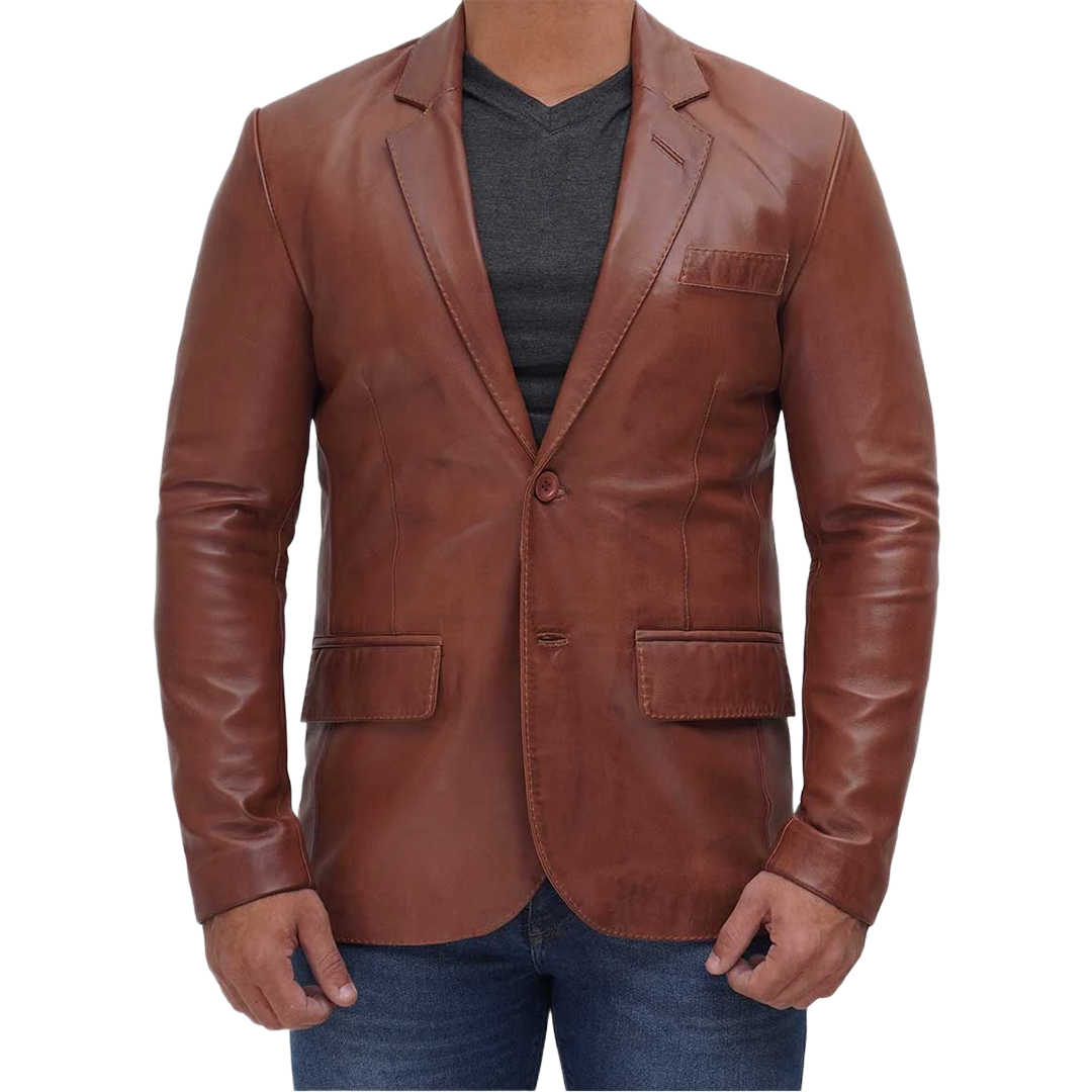 Tan Two Button Mens Brown Leather Blazer