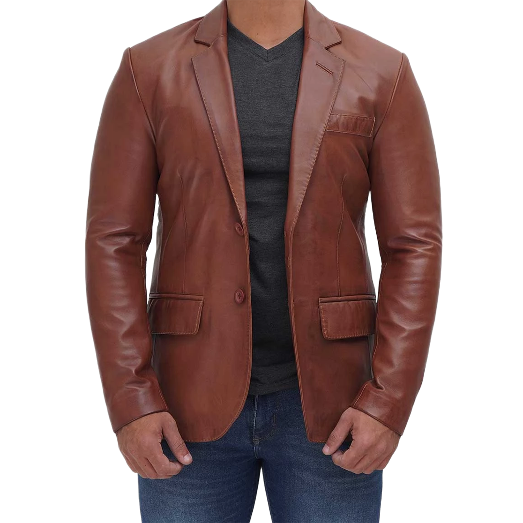 Tan Two Button Mens Brown Leather Blazer