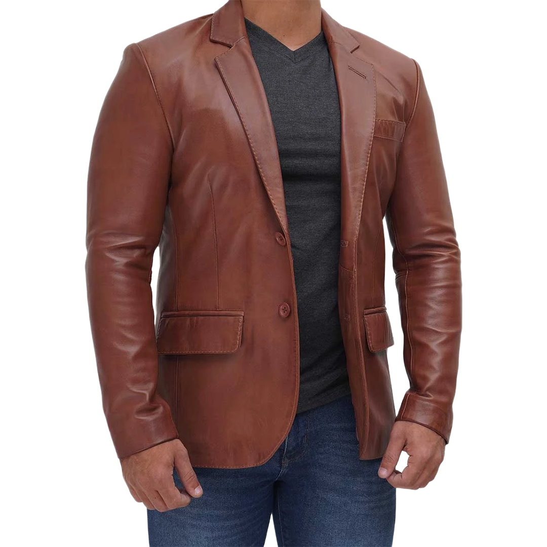 Tan Two Button Mens Brown Leather Blazer