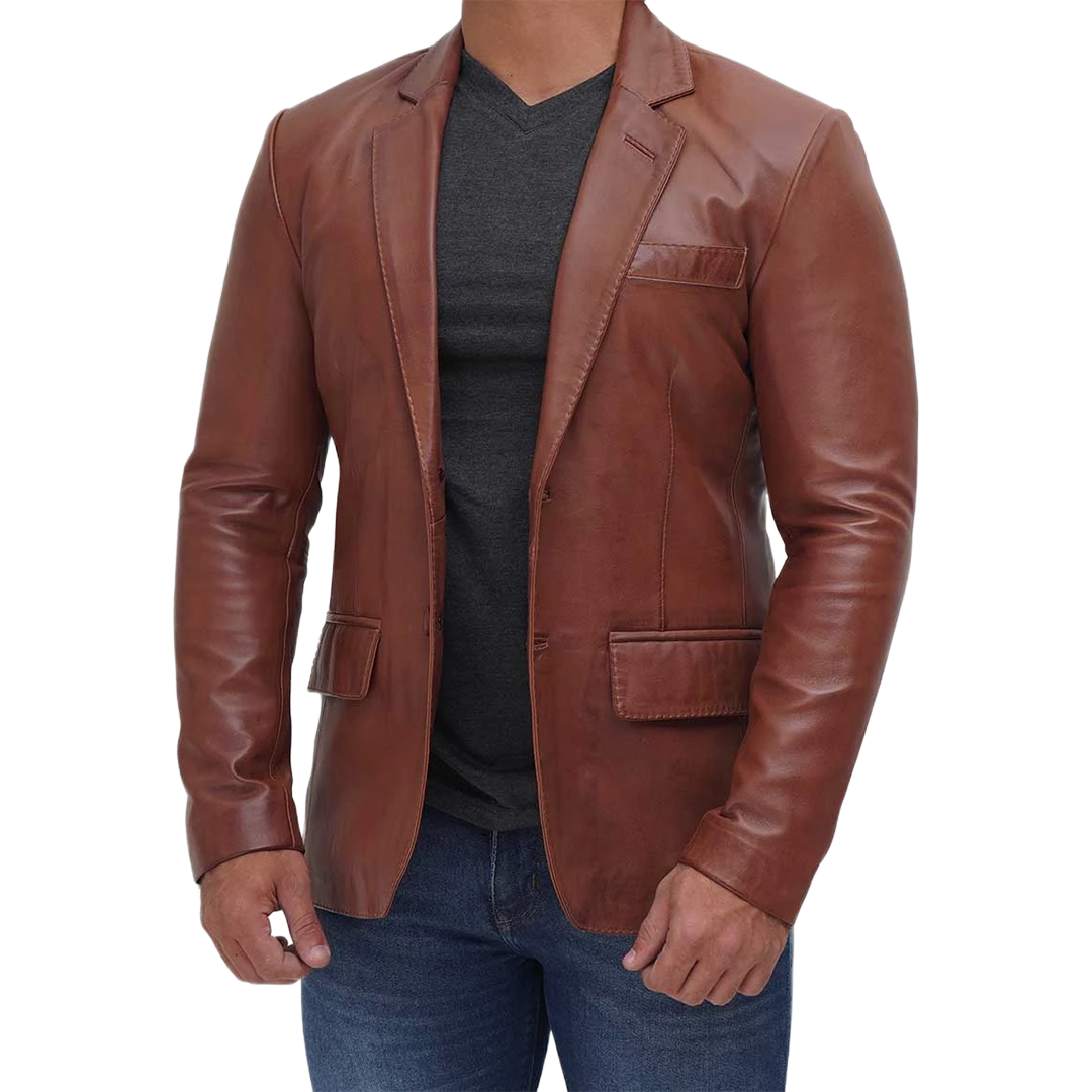 Tan Two Button Mens Brown Leather Blazer