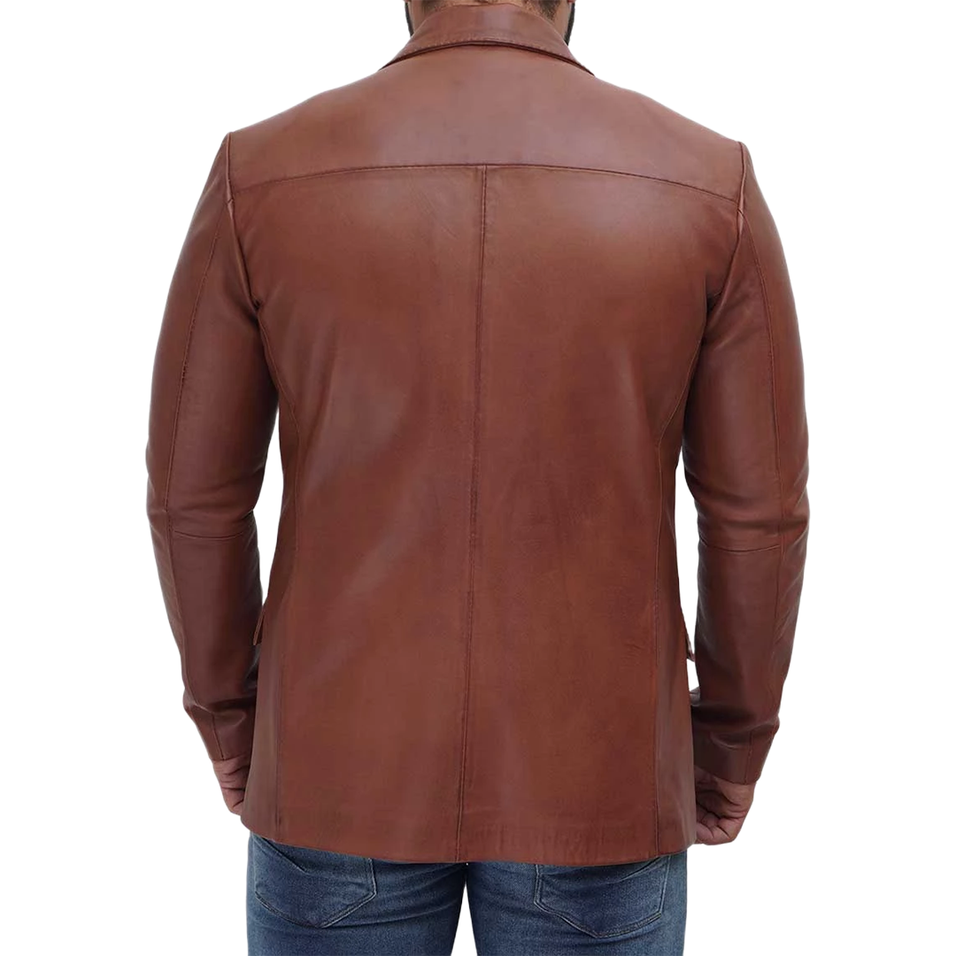 Tan Two Button Mens Brown Leather Blazer