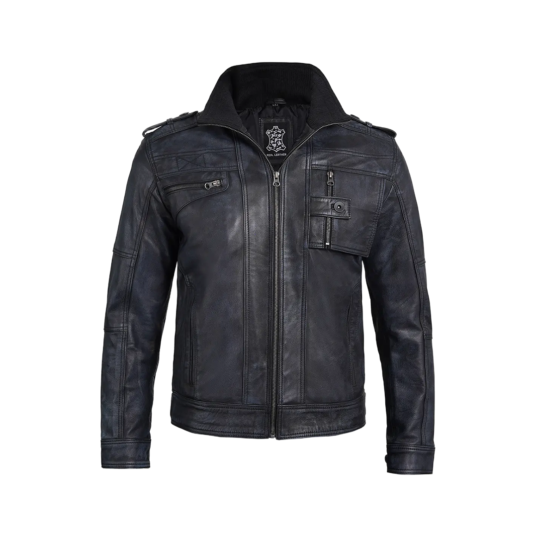 Tavares Men's Waxed Black Leather Biker Jacket