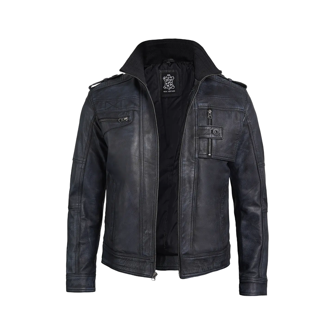 Tavares Men's Waxed Black Leather Biker Jacket
