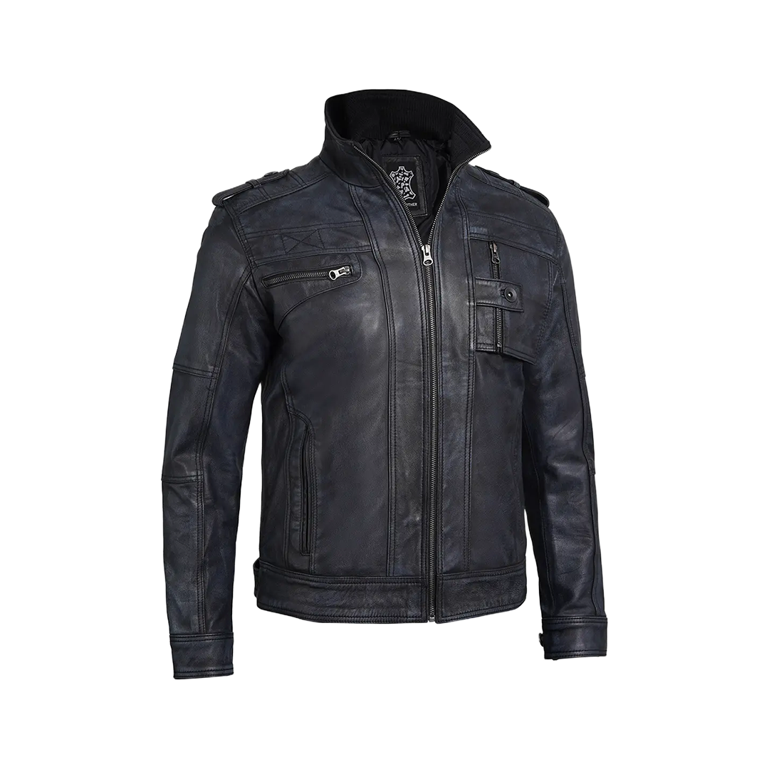 Tavares Men's Waxed Black Leather Biker Jacket