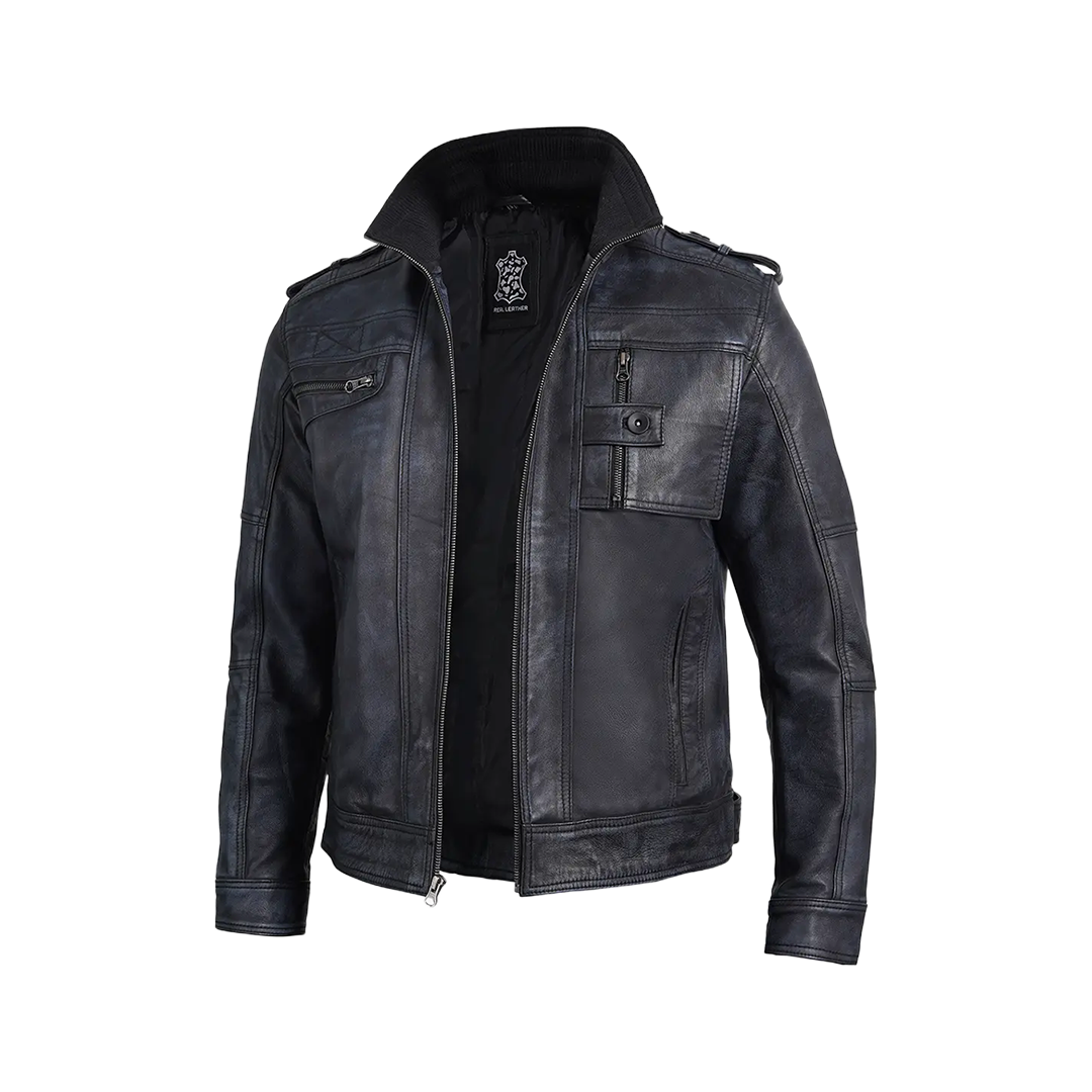 Tavares Men's Waxed Black Leather Biker Jacket