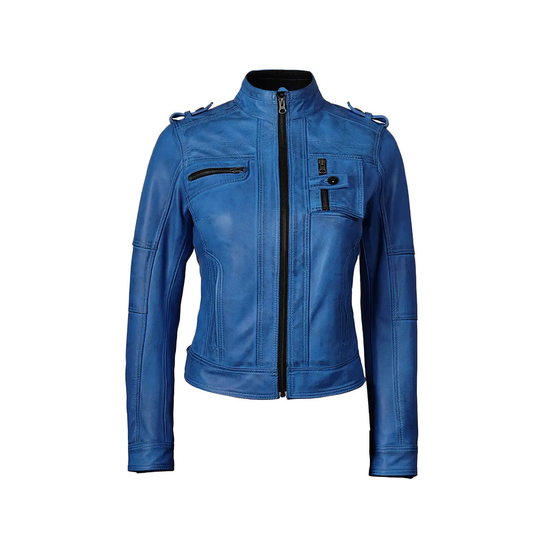 Tavares Women's Distressed Blue Leather Biker Style Jacket