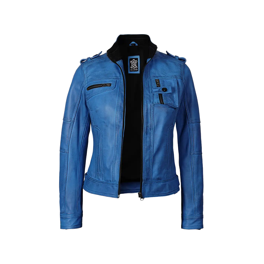 Tavares Women's Distressed Blue Leather Biker Style Jacket