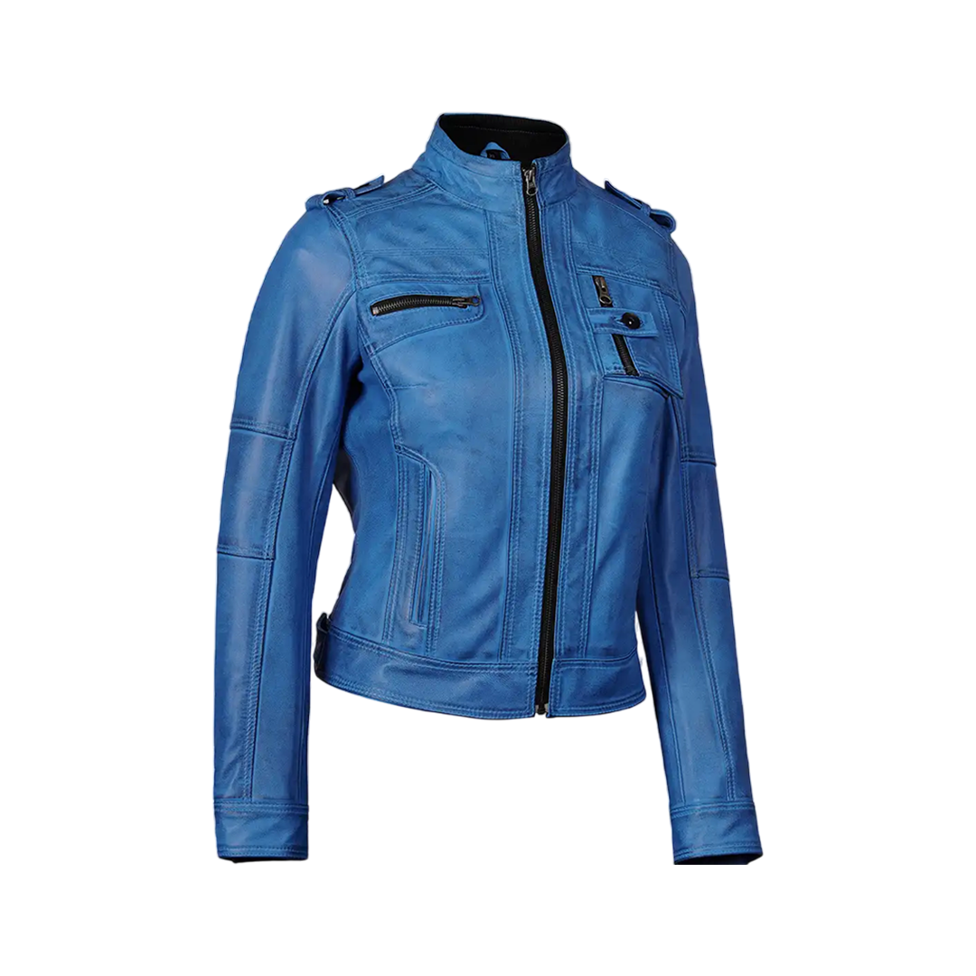 Tavares Women's Distressed Blue Leather Biker Style Jacket
