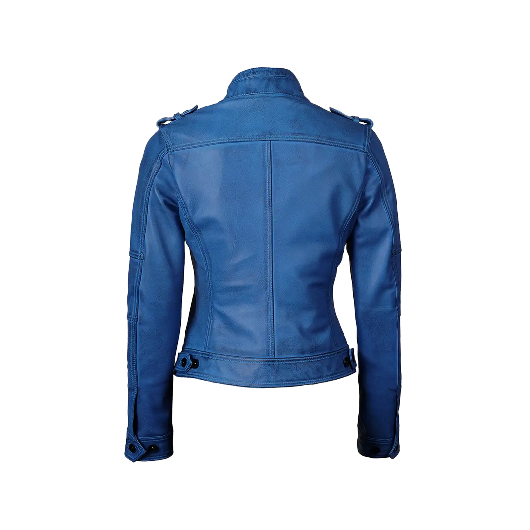 Tavares Women's Distressed Blue Leather Biker Style Jacket