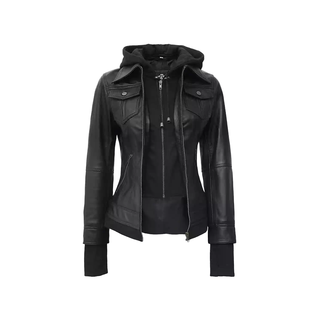 Tralee Black Bomber Women's Leather Jacket With Removable Hood