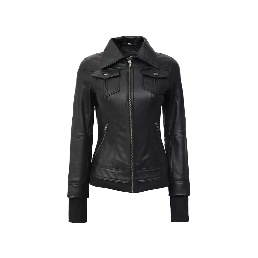 Tralee Black Bomber Women's Leather Jacket With Removable Hood