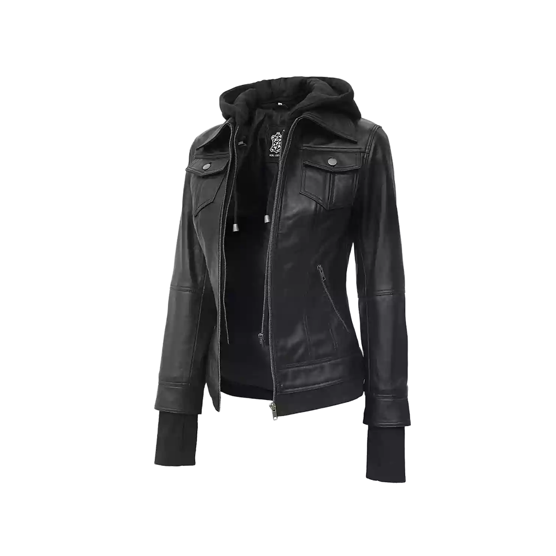 Tralee Black Bomber Women's Leather Jacket With Removable Hood