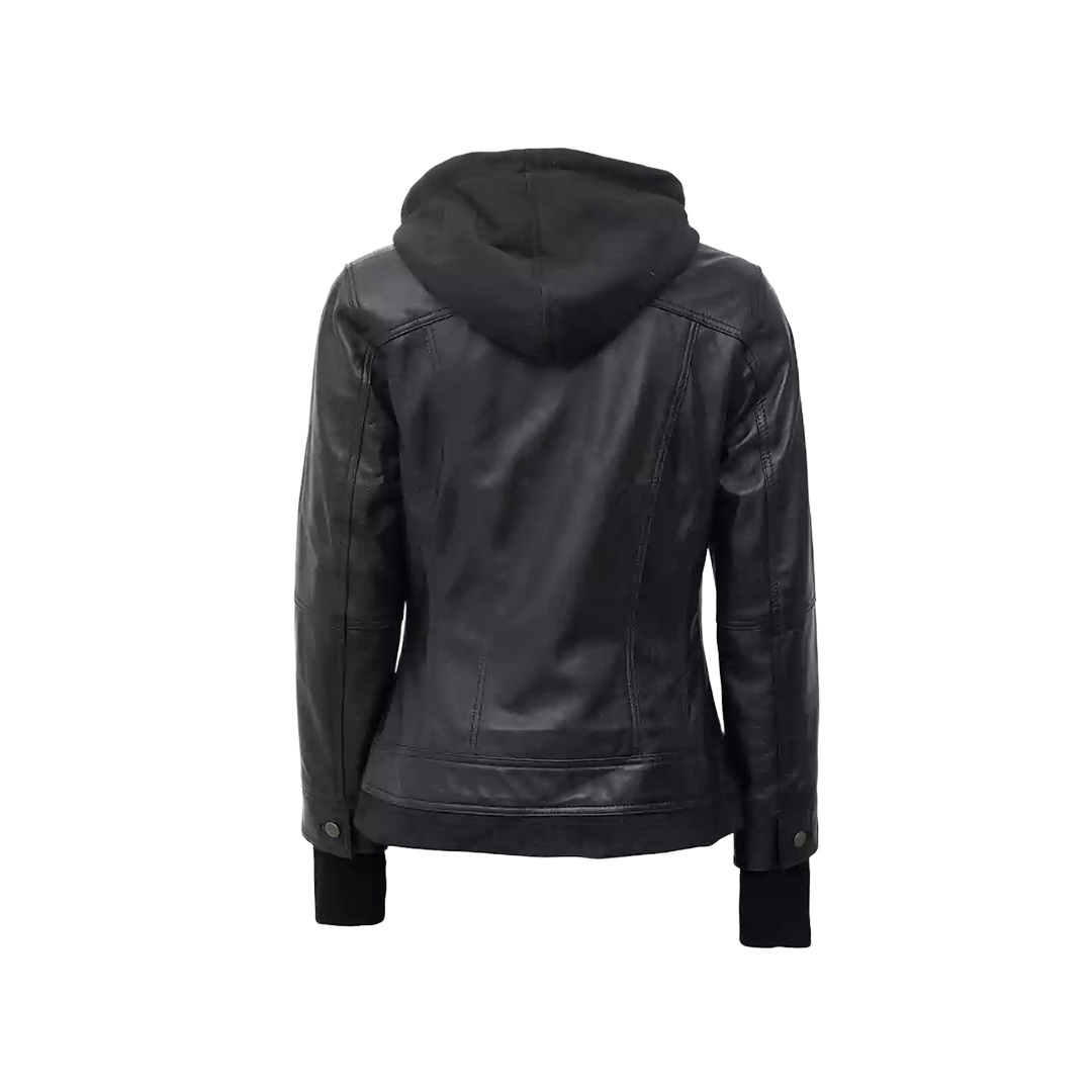 Tralee Black Bomber Women's Leather Jacket With Removable Hood