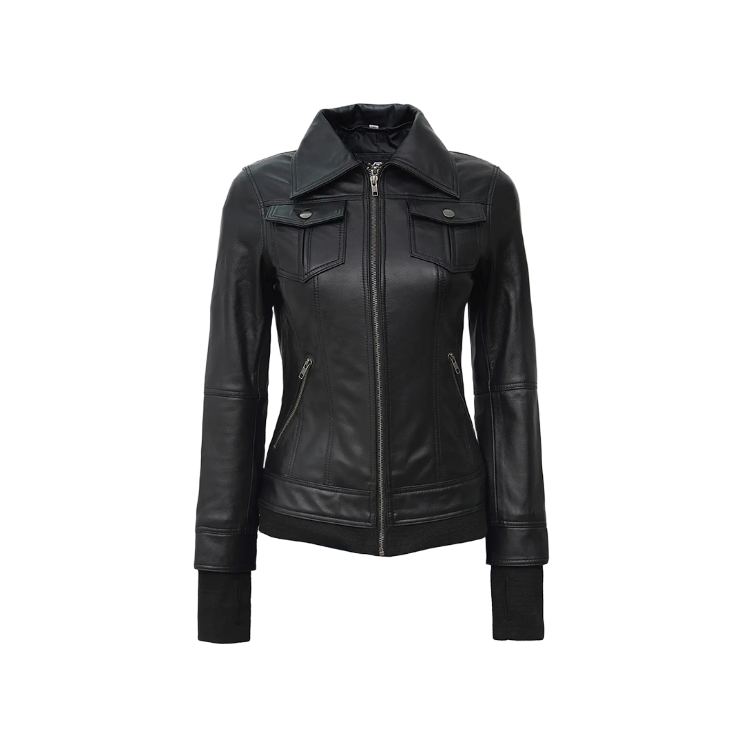 Tralee Black Bomber Women's Leather Jacket With Removable Hood