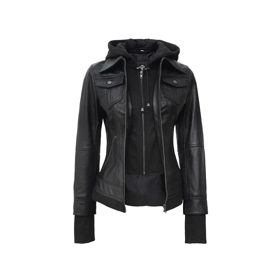 Tralee Black Bomber Women's Leather Jacket With Removable Hood
