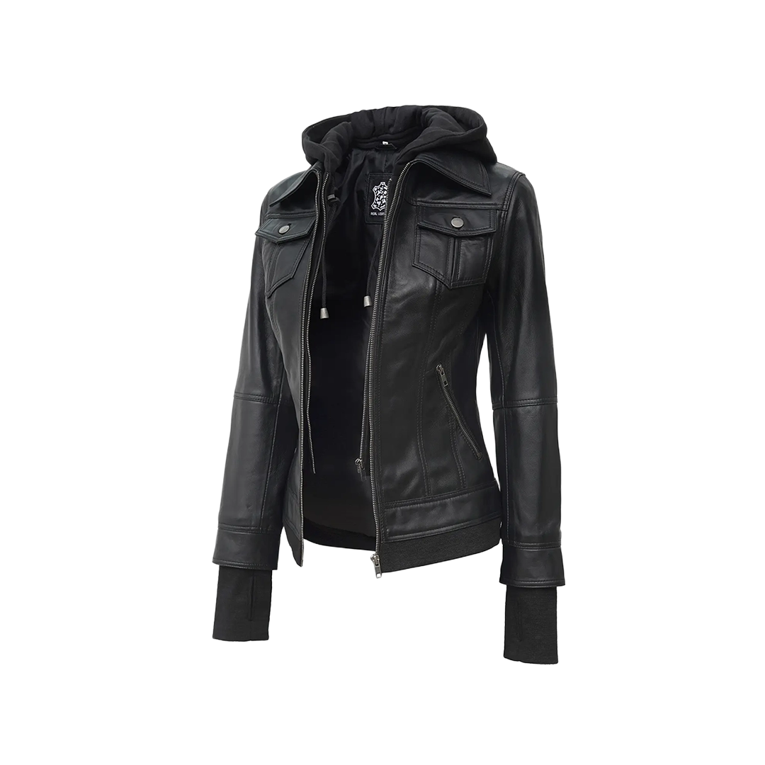 Tralee Black Bomber Women's Leather Jacket With Removable Hood