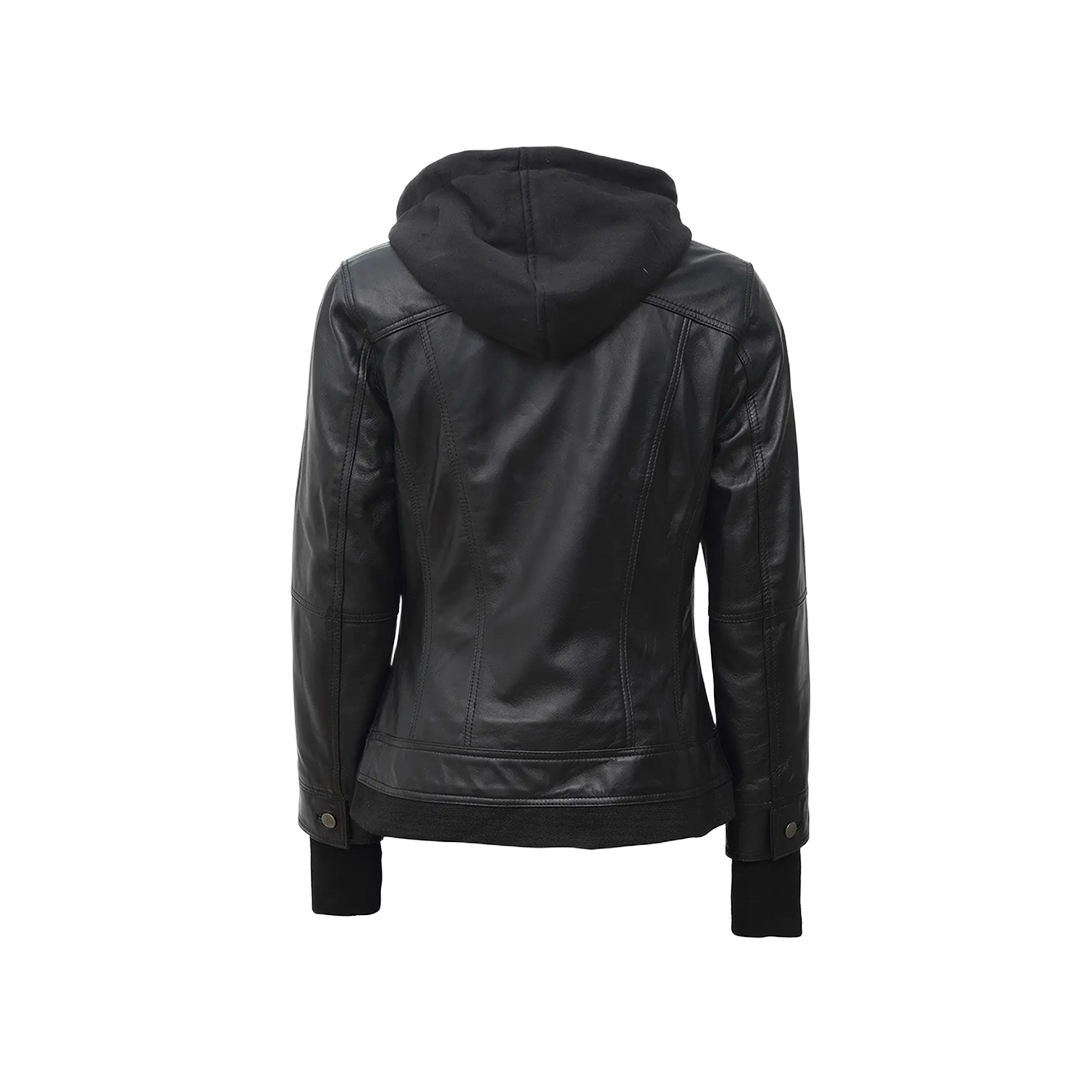 Tralee Black Bomber Women's Leather Jacket With Removable Hood