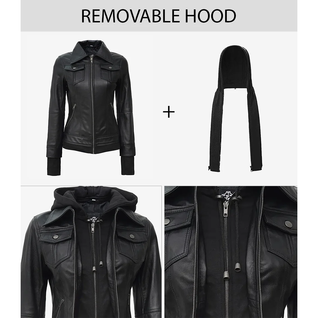Tralee Black Bomber Women's Leather Jacket With Removable Hood