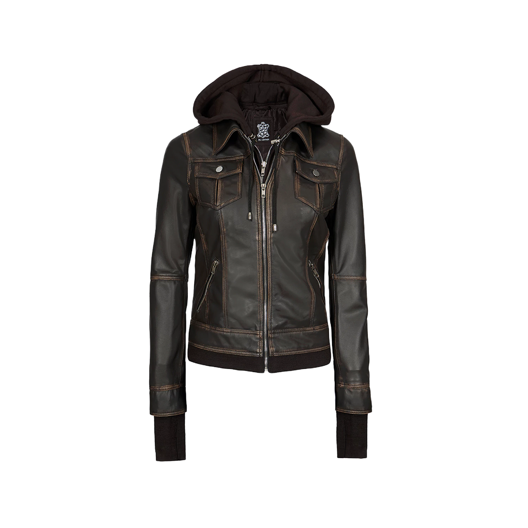 Tralee Dark Brown Women Leather Jacket With Hood