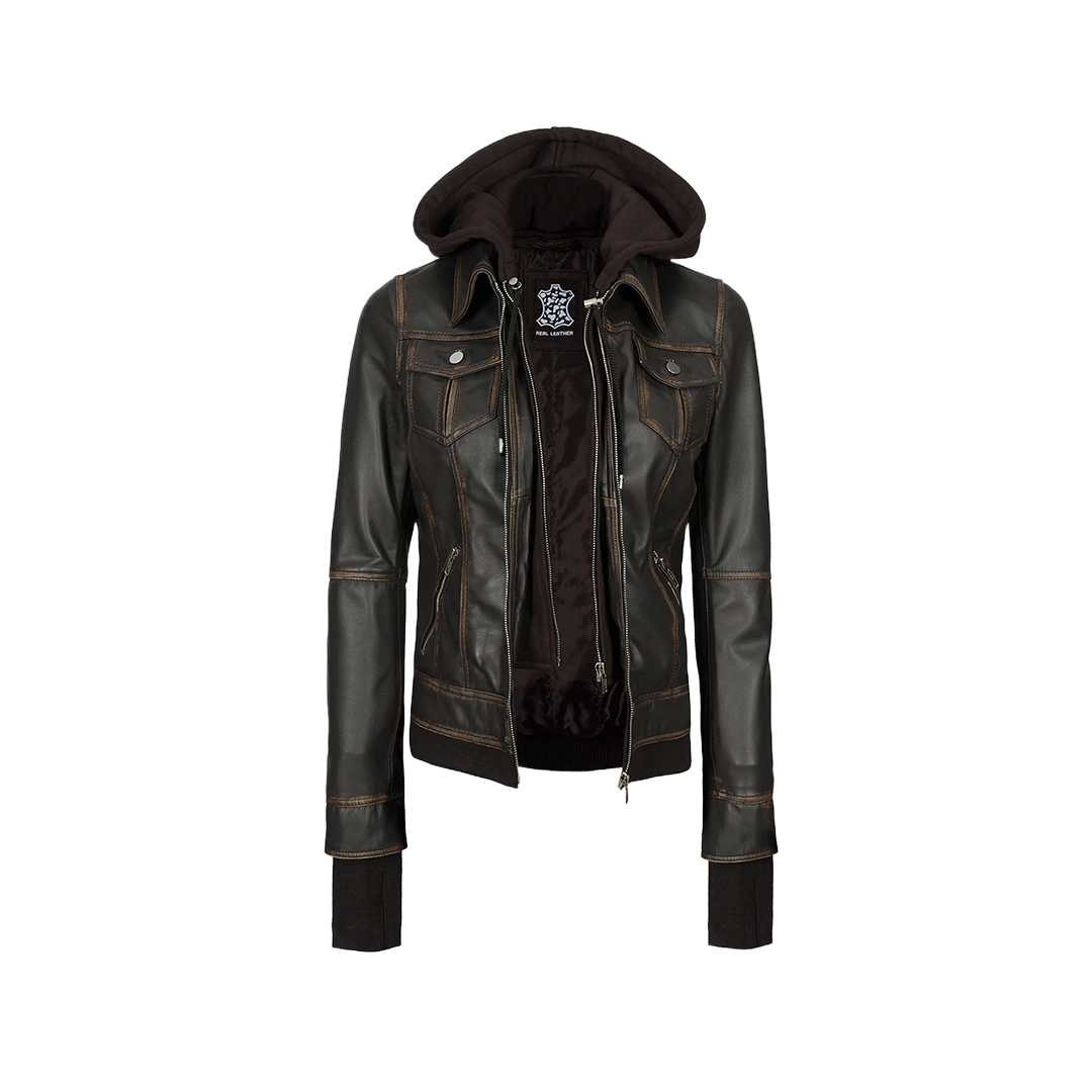 Tralee Dark Brown Women Leather Jacket With Hood