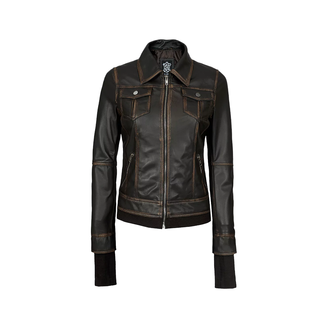 Tralee Dark Brown Women Leather Jacket With Hood