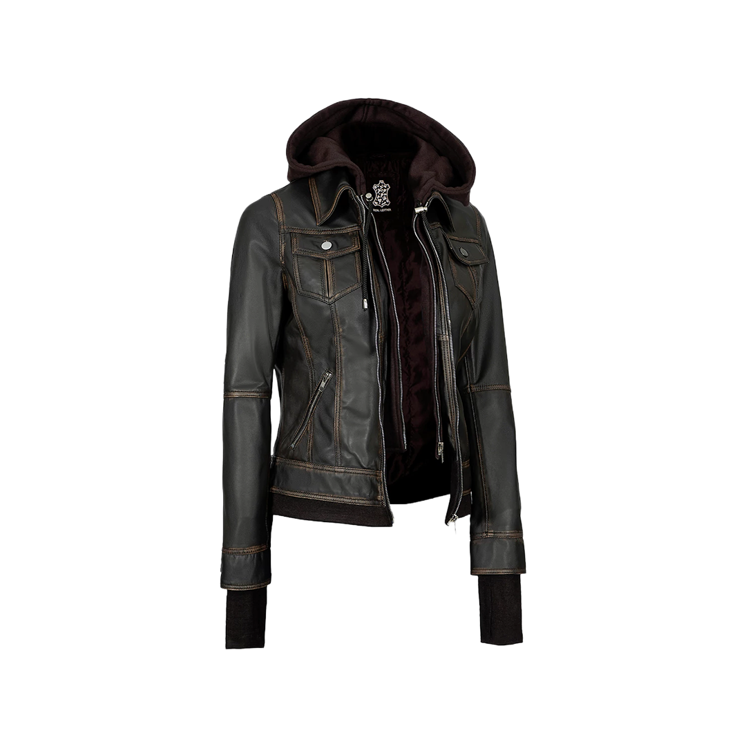 Tralee Dark Brown Women Leather Jacket With Hood