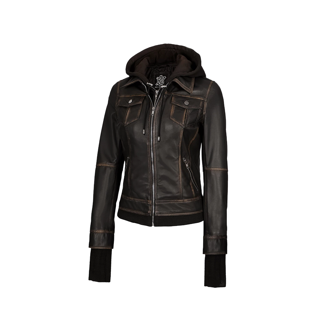 Tralee Dark Brown Women Leather Jacket With Hood