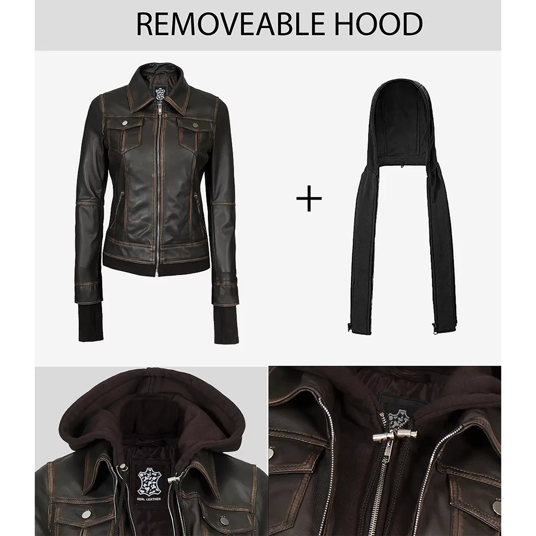 Tralee Dark Brown Women Leather Jacket With Hood
