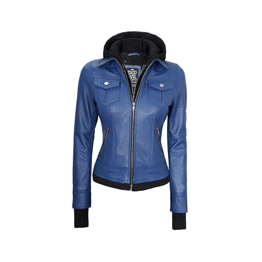 Tralee Women's Blue Leather Jacket with Removable Hood