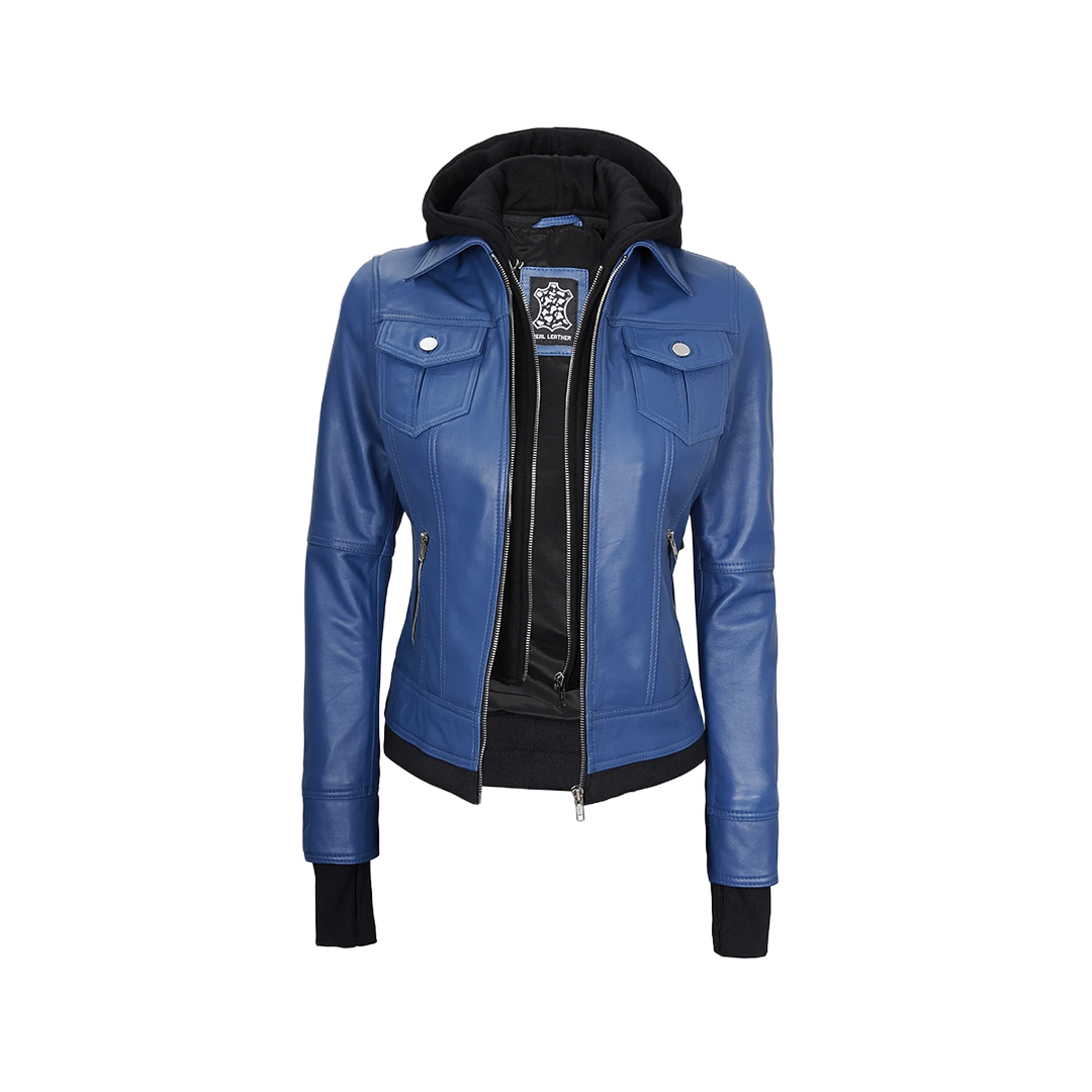 Tralee Women's Blue Leather Jacket with Removable Hood