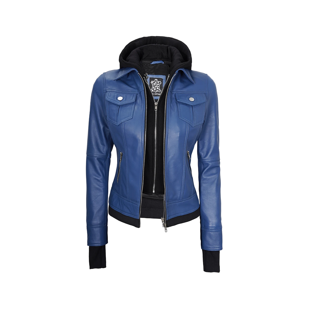Tralee Women's Blue Leather Jacket with Removable Hood