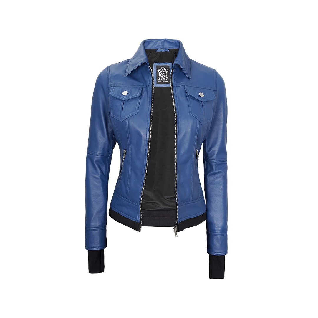 Tralee Women's Blue Leather Jacket with Removable Hood