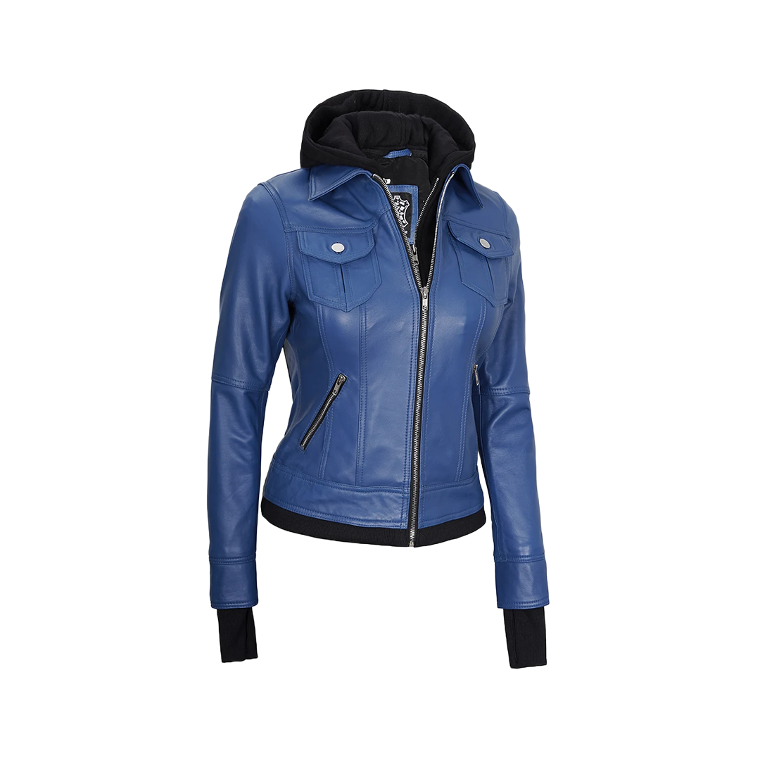 Tralee Women's Blue Leather Jacket with Removable Hood