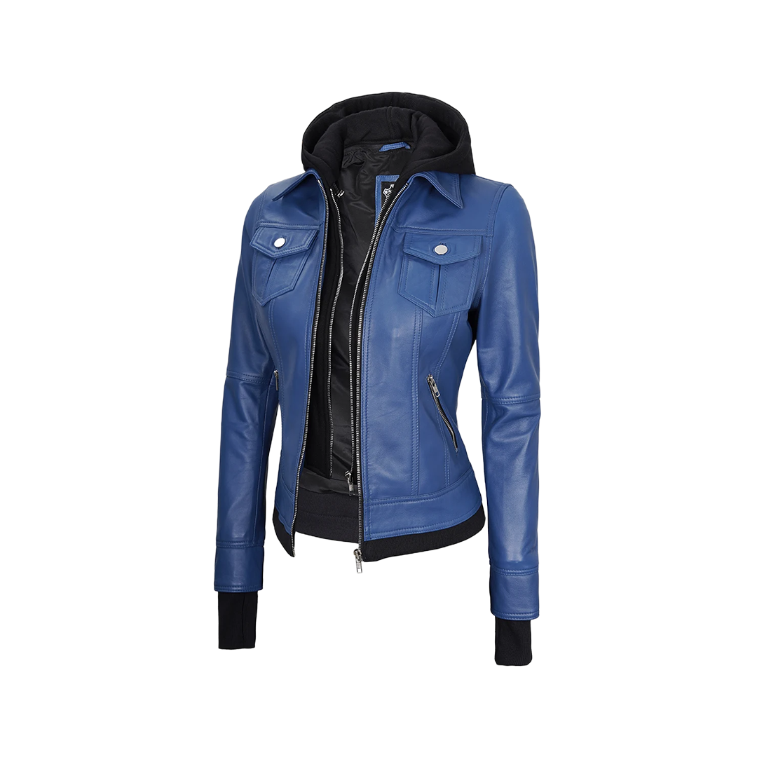 Tralee Women's Blue Leather Jacket with Removable Hood