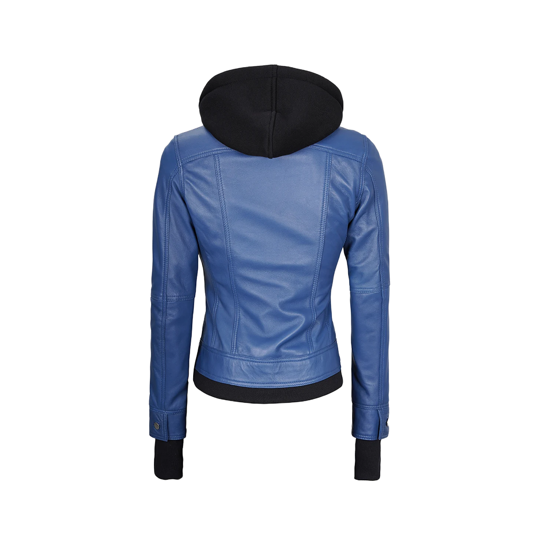Tralee Women's Blue Leather Jacket with Removable Hood