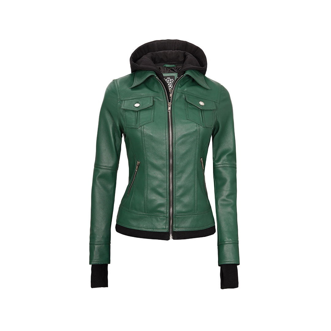 Tralee Women's Green Real Leather Jacket with Hood